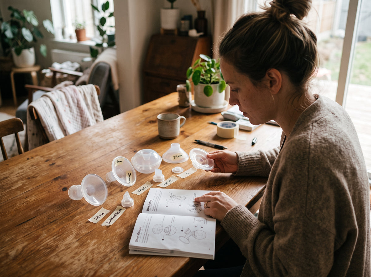 Parent checking a breast pump and comparing its parts with the product manual.