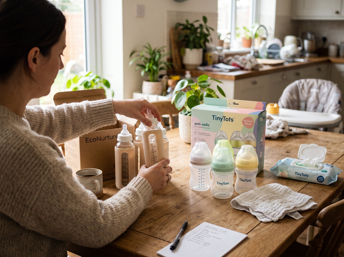 Parent checking a baby bottle vent before reassembly